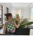 Pbong  Checkerboard Knit Tank Top for Women Contrast Color Crew Neck Sleeveless Crop Sweater Vest Teengirl 90s Y2K Spring Summer Outfit
