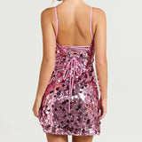Pbong  Women Sequin Mini Dress Lady Spaghetti Strap Lace-Up Back Dress Coquette Aesthetic Large Paillette Party Night Out