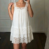 Pbong  Women Fairy Lace Mini Dress Y2k Floral Lace Trim Ruffle Short Dress Vintage Coquette Backless Mesh Babydoll Dresses