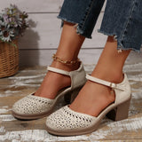 Ankle Strap High Heels Sandals for Women Summer Hollow Out Breathable Pumps Woman Comfortable Chunky Heeled Shoes