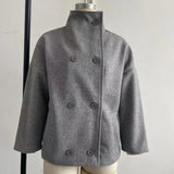 Solid High Neck Double Button Topcoat Dropped Shoulder Loose 2025 Autumn Short Elegant Jacket Women Urban Casual Lady Outerwear