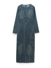 Fashion Women Denim Dress Vintage Blue Long Sleeve Back Zipper Dresses For Women Spring Causal Slim Fit Ladies Long Dresses