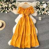 Pbong  Summer Vacation Slim Elastic Waist Long Dress Women Elegant Off Shoulders Big Swing Maxi Beach Dress Party Robe Femme