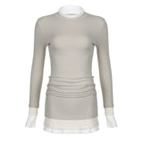 Vintage Aesthetic Patched Slim Long Sleeve Dress