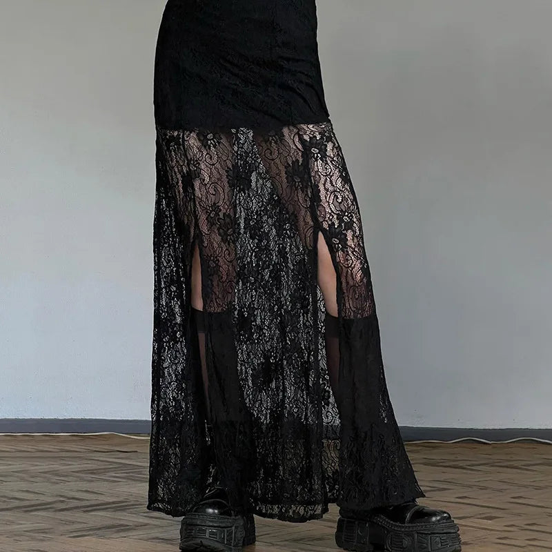 Side Slit Lace Skirts For Women Summer New See Through High Waist Skirt Ladies Black Casual Loose Sexy Skirts Woman