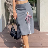 Side Slits Lace Maxi Skirt For Women Kawaii Bow Bandage High Waist Skirts Women's Street Autumn Fashion Sexy Skirt Woman