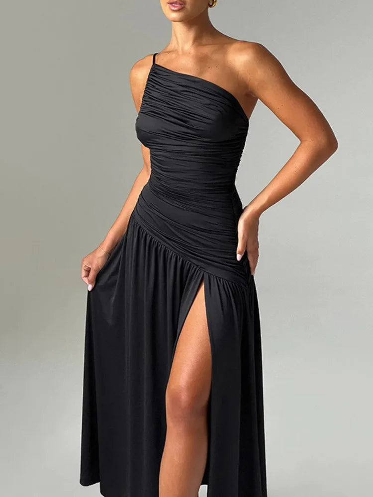 Sleeveless High Split Maxi Dress For Women Fashion Single Shoulder Strap Off-shoulder Backless Bodycon Sexy Long Dress