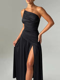 Sleeveless High Split Maxi Dress For Women Fashion Single Shoulder Strap Off-shoulder Backless Bodycon Sexy Long Dress