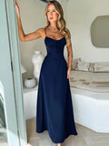 Spaghetti Strap Backless Pleated Long Dress For Women Fashion Lace Up Sleeveless A-line Loose Sexy Maxi Dress