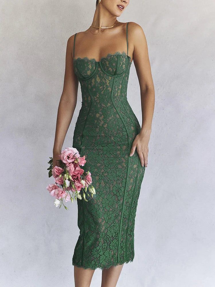 Spaghetti Strap Lace Sexy Midi Dress For Women Gown  Green Sleeveless Backless Club Party Printed Long Dress Vestidos