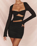 Square Collar Ruched Dress Women Sexy Long Sleeve Elegant Bodycon Hollow Out Low Cut Black Sheath Dress Female vestido