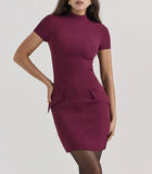 Two Pocket Short Sleeve Sexy Mini Dress For Women New Zipper Half High Collar Bodycon Club Party Dress Fashion