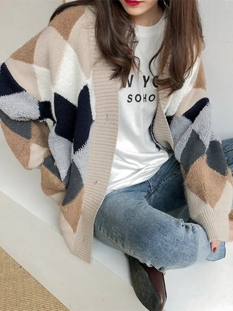 Plaid Chic Cardigans Button Puff Sleeve Checkered Oversized Women's Sweaters Winter Spring Sweater Tops SW658