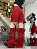 Women's Button Splicing Design High Waisted Red Jeans American Fashion Vintage Streetwear Wide Leg Trouser Female Denim Pants
