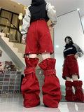 Women's Button Splicing Design High Waisted Red Jeans American Fashion Vintage Streetwear Wide Leg Trouser Female Denim Pants