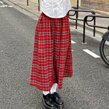 Women's Red Plaid Mid Length Skirt American College Style Spring Design Color Contrast Female A-line Elastic Waist Long Skirt