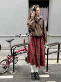 Women's Red Plaid Mid Length Skirt American College Style Spring Design Color Contrast Female A-line Elastic Waist Long Skirt