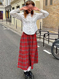 Women's Red Plaid Mid Length Skirt American College Style Spring Design Color Contrast Female A-line Elastic Waist Long Skirt