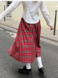 Women's Red Plaid Mid Length Skirt American College Style Spring Design Color Contrast Female A-line Elastic Waist Long Skirt