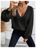 Soft Polyester Elegant French-Inspired Plus Size Sweater - V-Neck with Bow Tie Back, Hand Washable, Classic Knitwear, Smooth Texture, All-Season Apparel