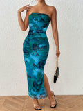 Elegant Strapless Bodycon Floral Print Tube Dress - Ruched, Split, Club & Party Wear for Women