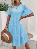Solid Color Embroidered Lace Dress - Hollow Out Design, Elegant for Casual Wear