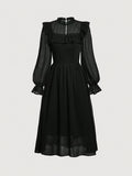 [Long Sleeve Solid Dress] Long Sleeve Solid Color Dress, Elegant Square Neck A-line Midi Dress for Fall & Winter, Women's Clothing