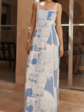 Polyester Vacation Style 1pc Women'S Printed Maxi Dress - Ruffle Neckline and Spaghetti Straps - Woven Slingback Dress for Adults