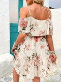 Summer Women's Elegant Off-Shoulder V-Neck Ruffle Hem Floral Print Mini Dress - Lightweight Machine-Washable Sleeveless Party Dress for Festivals, Beach & Casual Outings