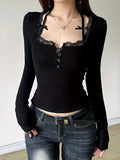 Elegant Stretchy Long Sleeve Mesh Lace Bodysuit Crop Top - Y2K Sheer Knotted T-Shirt For Women - Casual Style