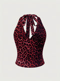 [Slim Fit Backless Crop Top] Leopard Print Halter Neck Top, Sexy Backless Slim Fit Crop Top For Spring & Summer, Women's Clothing