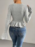 Elegant Heather Gray Ribbed T-Shirt with Bell Sleeves and Ruffle Hem - V-Neck, Button Detail, Stretchy Polyester Blend, Machine Washable - Chic Casual Style for All Seasons