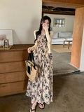 Vintage Sleeveless Shirred Aline Maxi Floral Print Ruffle Hem Cami Dress - Women's Clothing For Spring & Summer