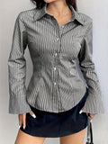 [Long Sleeve Shirt for Women] Elegant Striped Long Sleeve Shirt for Women - Slim Fit, Polyester, Machine Washable - Perfect for Spring/Fall