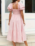 Women's Plaid Pleated Dress, Square Neck Dress, Lantern Sleeve Dress