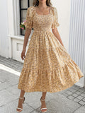 Elegant For Spring & Summer Midi Dress, Floral Print Shirred Bust Square Neck A-line Dress With Puff Sleeve, Women's Clothing