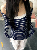 Japanese and Korean Special Targeted Elegant Basic Large Round Neck Slimming Long Sleeve Striped Top