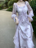 [Misty Dress] Misty Blue-Gray Dress | Long Sleeves, Ruffled Hem, Butterfly Design And Golden Accents - Perfect for Early Autumn