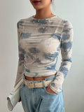 [Everyday Elegance] Women's Elegant Tie-Dye Floral Print Chiffon Blouse with Ruched Detail - Long Sleeve, Round Neck, Semi-Sheer, Perfect for Spring/Fall Fashion voguable