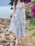 French Style First Love Cherry Blossom Pink Tie-Dye Suspender Dress Vacation Style Fairy Style Gradient Dyeing Women's Summer Floral Irregular Hem Vacation Long Dress