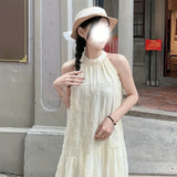 Asian Style Embroidered Polyester Tunic Dress for Women, Elegant Crew Neck Sleeveless Long Summer Dress with Tie-Back Detail and Straight Hem