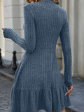 Long Sleeve Ruffle Hem Ribbed A-line Dress, Casual Crew Neck Solid Color Dress For Spring & Fall, Women's Clothing