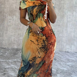 For Spring & Summer, Off-shoulder Straight Neck Abstract Print Sheath Dress, Women's Clothing