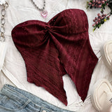 [Solid Strapless Lace Bandeau Top] Elegant Lace Hollow Bandeau Top, Polyester and Elastane Blend, Knit Fabric, Solid Color, Strapless Design, for All Seasons