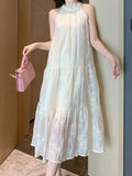 Chic French Vintage Lace Embroidered Halter Dress - Sleeveless, Off-Shoulder with Tie Back Detail, Summer Long Maxi for Women