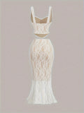 Dreamy Two-piece White Lace Women's Suit - Vest and Fish Tail Skirt