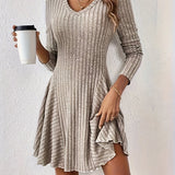 Elegant Black V-Neck Knit Dress - Chic Long Sleeve A-Line Mini with Ruffle Detail, Polyester & Elastane Blend, Machine Washable - Perfect for Fall