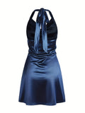 Sexy Satin Cowl Neck Halter Dress - Backless Mini Dress for Evening Party - Women's Clothing