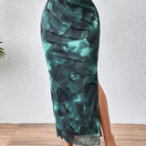 Tie Dye Side Split Slim Skirt, Elegant High Waist Maxi Skirt For Spring & Summer, Women's Clothing