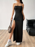Stylish Split Thigh Spaghetti Strap Cami Dress - Women's Summer Dresses with Backless Design, Solid Color, Slim Fit, and Comfortable Wear - Perfect for Spring and Summer Season